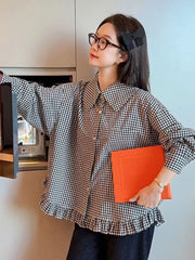 Bxoxo Vintage Black Plaid Shirt Women Loose Sweet Preppy Style Long Sleeve Blouse Fall Casual Retro Cute All Match Female Tops New