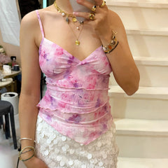 BXOXO Y2k Backless Tank Tops Women Elegant Chic Vest Ruffle Layers Crop Tops Fairy Coquette Boho Floral Print Mesh Sheer Camis