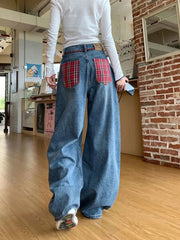 Bxoxo American Plaid Patchwork Women Wide Leg Jeans Autumn High Waist Streetwear Loose Scimitar Trousers Harajuku All Match Denim Pant