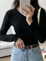 BXOXO 2024 Basic T Shirt Women Cotton High waist Long Sleeves Elasticity Thin T-shirt O-neck Female Casual Solid Slim Top Tees