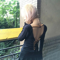 Bxoxo Japanese Y2k Hollow Out Tops Vintage Harajuku Beaded T Shirt 2000s Aesthetics Long Sleeve Slim T-shirts American Retro