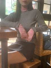 BXOXO Vintage Fake Two Piece Knitted Tops Mujer 2025 Autumn Winter Half-high Collar T-shirt for Women Y2k Slim Fit Long Sleeve Tees