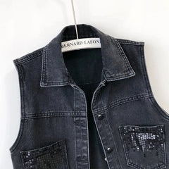 Bxoxo Fashion Design Sequins Denim Vest Summer Autumn Women's Waistcoat Korean Leeveless Denim Jeans Jacket Female Vest Tops