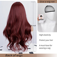BXOXO Synthetic 26 Inch Wine Red Curly Wig With Separated Bangs Heat-Resistant Deep Wave Hair Sweet Natural Party Or Selfie
