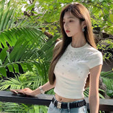 Bxoxo Cotton Short Sleeve T Shirt for Women Summer Sexy Slim 3D Artificial Diamond Inlay Crop Tops Y2K Harajuku O Neck All-Match Tees