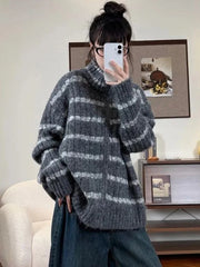 Bxoxo Lazy Wind Vintage Striped Cardigan Women Casual Preppy Style Loose Knitted Sweaters Japan Retro Stand Up Collar Long Sleeve Tops