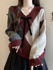 Bxoxo Sweet Bow Argyle Sweaters Women Retro Preppy Style Loose Knitted Pullover Lace Patchwork Long Sleeve Female Vintage Jumpers Fall