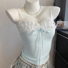 BXOXO Sweet Lace Patchwork Crop Tank Top Female 2025 Women's Clothing Sling Slim Waist Tank Korean Summer Sexy Club Camis Ropa Mujer