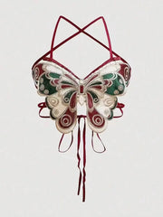 BXOXO Women's Butterfly Embroidered Top Backless Adjustable Navel Baring Sexy Cropped TopSleeveless Camisole Sexy Daily Y2K Top