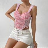 BXOXO Vemina Street Style Pink Halter V Neck Crop Top Lace 3D Rose Flowers Corset Fashion Woman Backless Sexy Slim Strappy Vest
