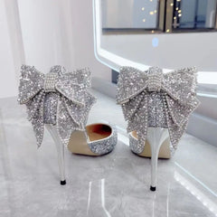 Bxoxo Shoes for Woman Stilito Silver Women's Summer Footwear Wedding Bride Shoe Rhinestone Pointed Toe Super High Heel Diamond 39