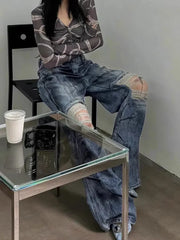 BXOXO Women's Knee Hole Design Dirty Blue Jeans Summer Cool Girl Wide-leg Denim Trousers Vintage Bottoms Female High Waisted Pants