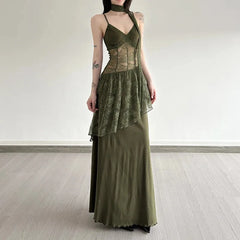 Bxoxo Lace Patchwork Women Camis Dress French Elegant Hepburn Style Splicing Midi Dress Y2K Streetwear Hot Girls Vacation Vestidos