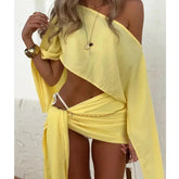 BXOXO Women Fashion Solid 2 Piece Set Summer Sexy Diagonal Neck Pagoda Sleeve Short Top Lace Up Skirt Set Casual Beach Vacation Outfit