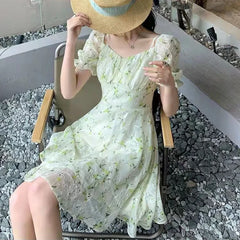 BXOXO Fairycore Floral Embroidery Dresses Female French Temperament Light Green Mini Dress Women Summer Sweet Fresh Puff Sleeve Dress