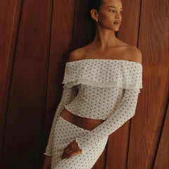 Bxoxo Polka Dot Lace Long Sleeve Off Shoulder Crop Tops + Elegant Bodycon Long Dress Fall Fashion Vacation Beach 2 Piece Set