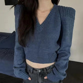 Bxoxo Autumn V Neck Knit Sweater for Women Y2K Korean Chic Right Angle Shoulder Crop Pullover Female Fashion Streetwear Slim Jumper