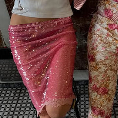BXOXO Women's Fashion Midi Skirts Sequins Lace Trim Low Waist Skirts Summer Fashion Bodycon Skirts Dress Y2K Streetwear