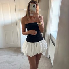 Bxoxo Contrast Color Mini Folds Dress For Women Strapless Sexy Slim Sleeveless Ruched Splice Y2K Beach Female Club Party Dress
