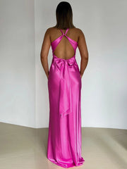 BXOXO Satin Bow Backless Sexy Maxi Dress For Women Gown Fashion V Neck Sleeveless Club Party Evening Dress Elegant