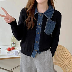 Bxoxo Small Spring Autumn Outerwears Female Jeans Coat Short Black Patchwork Crop Women's Denim Jackets Knitted 2024 New Collection In
