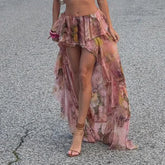 BXOXO Boho Floral Print Irregular Long Skirt Holiday Party Retro French Style A-line Ruffle Maxi Skirts Coquette Holiday