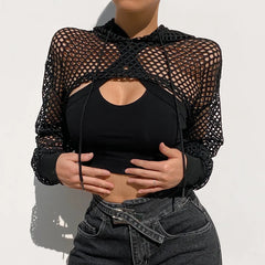 BXOXO Street Style Fishnet Holes T Shirt See Through Hollow Out Hooded Full Sleeve Crop Top Women Casual Loose Shirt Smock Fall