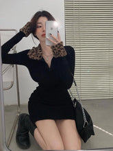Bxoxo Leopard Print Patchwork Mini Dress Women Y2K Autumn Sexy Slim Black Dress Fashion Streetwear Long Sleeve Lapel Splicing Vestidos