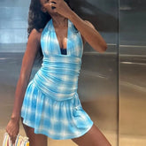 Bxoxo Plaid Backless Sleeveless Sexy Ruched A-Line Halter Mini Dress Summer Fashion Party Vacation Beach New Women Vestidos