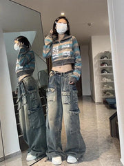 Bxoxo American Streetwear Cargo Jeans Women Y2K 90S Retro High Waist Washing Loose Denim Trousers Hip Hop Pockets Wide Leg Pants