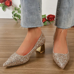 BXOXO Silver Glitter Thick Heels Pumps Women Luxury Pointed Toe Party Wedding Shoes Woman Plus Size 42 Shallow High Heels Pumps Ladies