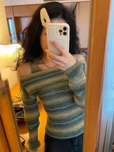Bxoxo Harajuku Off Shoulder Knitted Sweater Women Vintage Green Striped Jumper Fairycore Slim Two Piece Sets Y2K Tops E-girl