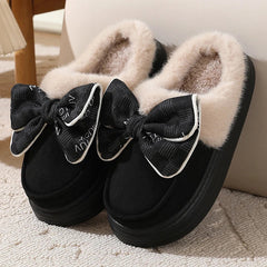 BXOXO Women's Warm Home Slippers Cute Autumn Winter Bow Thick Plush Non-Slip Leisure Shoes Soft Bedroom Platform Flat Slides