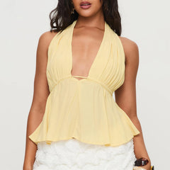 BXOXO Women Crop Halter Cami Top Y2k Sleeveless Bow Tie Solid Color Cami Sexy Deep V Neck Backless Halter Tank Outwear