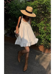 Bxoxo White Sleeveless Ruffles Mini Dress Women Casual Boho Beach Sundress Cute Girl Home Dresses Loose Summer Dress Oversize