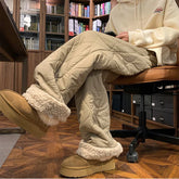 Bxoxo Winter Lamb Fur Wide Leg Pants Women Fashio Plush Thick Warm Loose Casual Pants Bf High Waist Streetwear Straight Trousers New