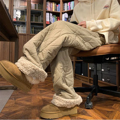 Bxoxo Winter Lamb Fur Wide Leg Pants Women Fashio Plush Thick Warm Loose Casual Pants Bf High Waist Streetwear Straight Trousers New