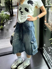 Bxoxo American Retro Blue Denim Calf Length Pants Women Harajuku Y2K Washed Loose Jeans Shorts High Waist Streetwear Wide Leg Shorts