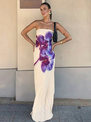 BXOXO Floral Print Strapless Sexy Maxi Dress For Women Gown Off-shoulder Backless Sleeveless Elegant Long Dress Fashion