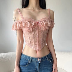 Bxoxo Cute Coquette Pink Corset Top Sweet Sexy Lace Transparent Crop Tops with Ruffles y2k Aesthetic Solid Tees Ladies Elegant