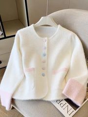 Bxoxo Faux Mink Cashmere Sweet Cardigan Women Long Sleeve O Neck Elegant Knitted Sweaters Korean Fall Winter Fashion Soft Pockets Tops