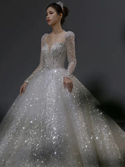 BXOXO Luxury Sequined Wedding Dresses Backless With Bow Lace Up A Line Pearl Long Sleeves Sweetheart Sweep Train Elegant Bridal Gowns