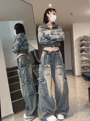 Bxoxo American Streetwear Cargo Jeans Women Y2K 90S Retro High Waist Washing Loose Denim Trousers Hip Hop Pockets Wide Leg Pants