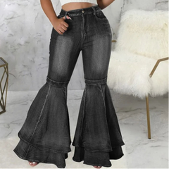 BXOXO Fashion Splicing Layers Flared Jeans Women High Waist Comfortable Commuter Denim Pants Female Casual Stretch Wide Leg Trousers