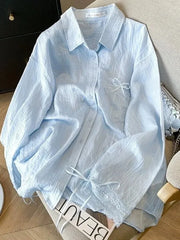 Bxoxo Blue Sweet Sun Proof Shirt Women Lace Patchwork Bow Korean Blouse Loose Fashion Long Sleeve Elegant Female Casual Cute Tops