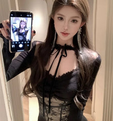 BXOXO Lace Patchwork Hollow Out Long Sleeved Knitted Tops Women Sexy Irregular Slim Fit T-shirts 2025 New Sleeve Black Tee Shirt