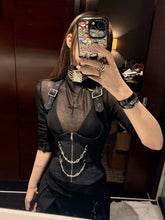 Bxoxo Black Gothic Halter Neck Vest 2 Piece Set Women Y2K Sexy Slim See Through T Shirts Aesthetic Streetwear Punk Camis Sets Mujer