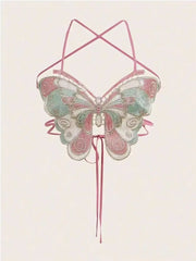 BXOXO Women's Butterfly Embroidered Top Backless Adjustable Navel Baring Sexy Cropped TopSleeveless Camisole Sexy Daily Y2K Top