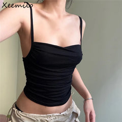 Bxoxo Spaghetti Straps Ruched Tank Top Casual All-matching Low-cut Backless Crop Tops Simple Underwear Bodycon Corsets