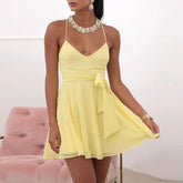 BXOXO Summer Women's Mini Cami Dress A-Line Dot Print V Neck Open Back Tie Waist Spaghetti Strap Dress for Party Club